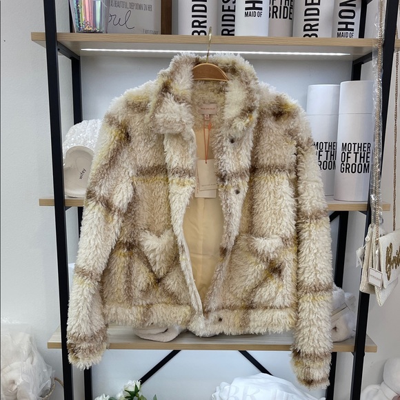 Skies Are Blue Jackets & Blazers - NWT Skies Are Blue Cream & Brown Teddy Plaid Jacket